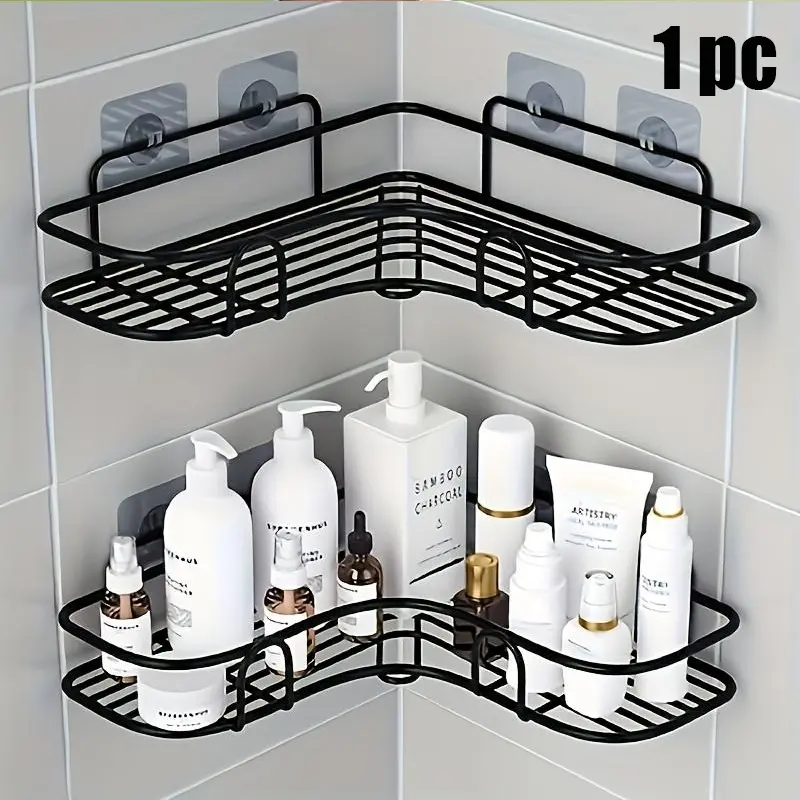 No Drill Corner Shower Caddy, Bathroom Organization, Bathroom Shower Organizers, Adhesive Black Metal Corner Shelf with Rust-Proof Mesh Design, Wall-Mounted Corner Organizer to Store Toiletries, Ideal for Bathrooms, Kitchens & Small Spaces