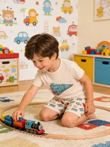 Boys' 2-Piece Cool Construction Fire Truck Print Short Sleeve Shorts Pajama Set, Casual Home Wear Sleepwear, H-Type Silhouette