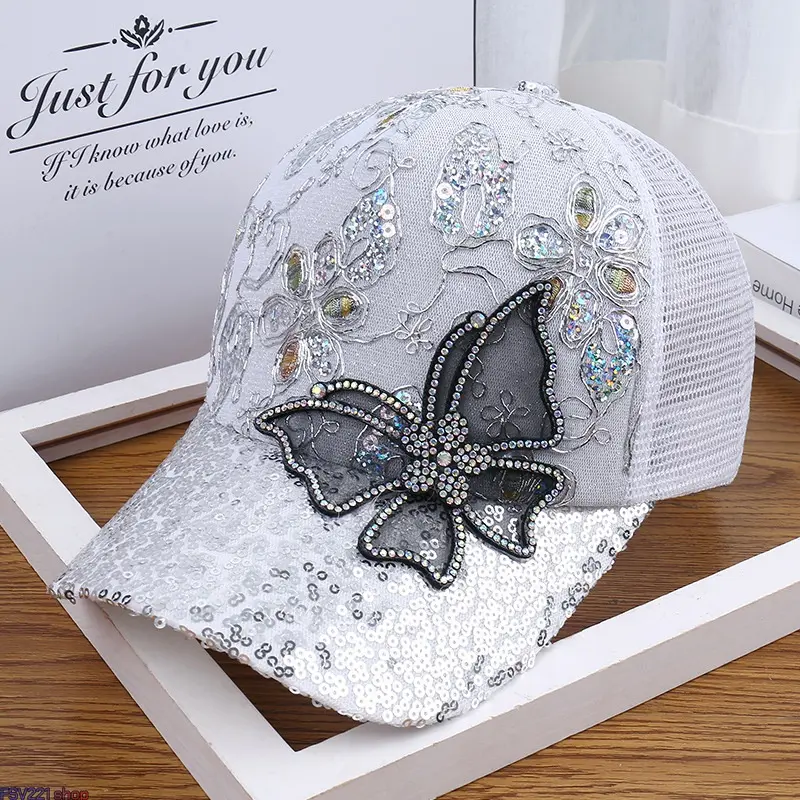 Lace Mesh Trucker Hat for Women, Female Glitter Sun Protection Cap with Rhinestone Butterfly for Summer Fashion, Dress Up Hat, Sun Protection Hat campingessentials