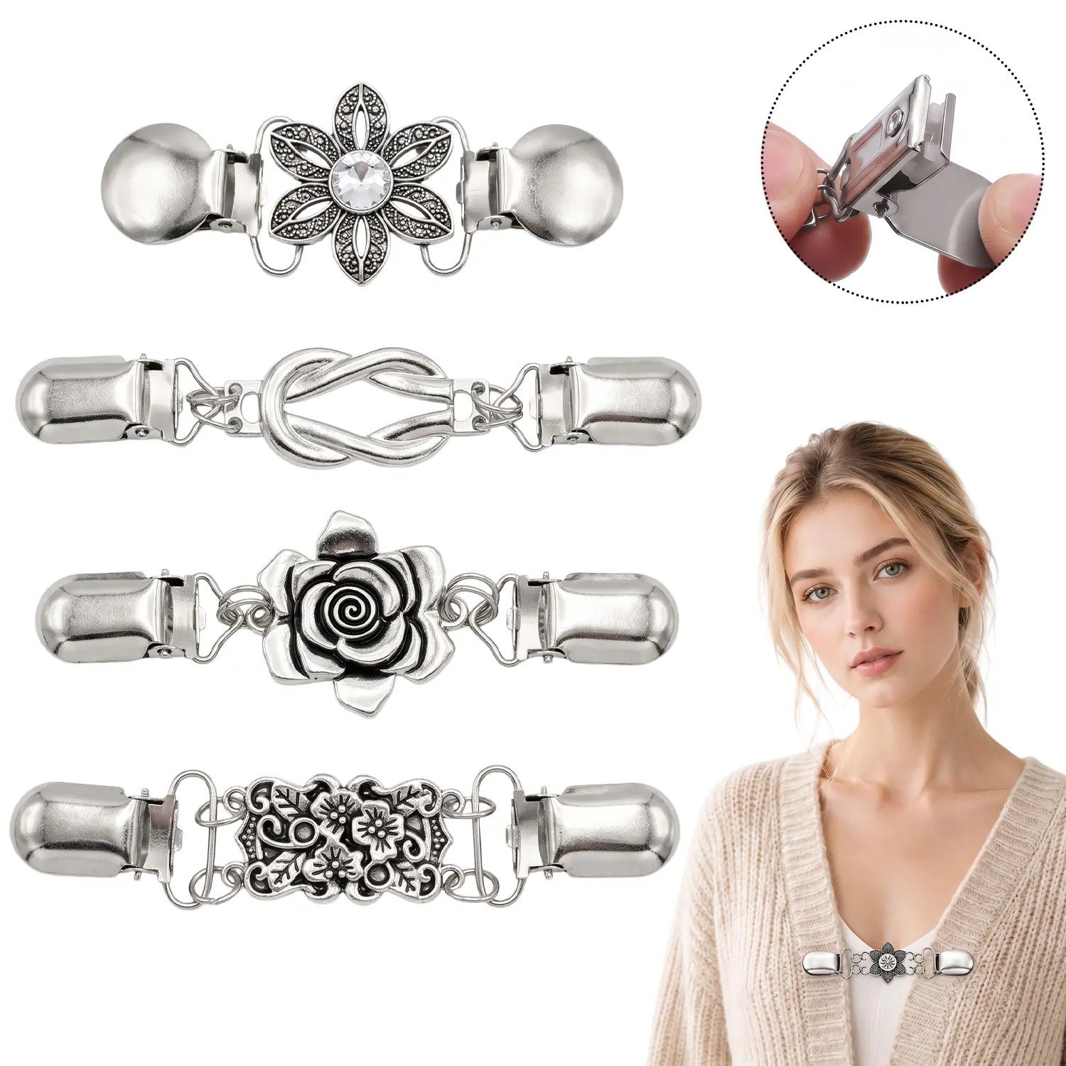 4 PCS Vintage Sweater Shawl Clips - Elegant Retro Cardigan Clasp, Dress Shirt Brooch, Back Cinch for Wedding, Party, Daily Use
