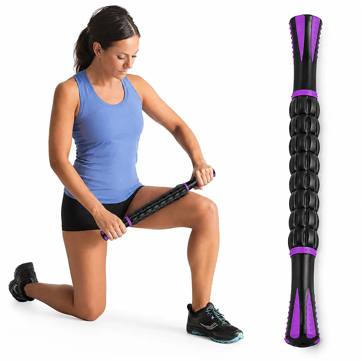 Muscle Roller Massage Roller Stick- Deep Tissue Fascia Blaster for Myofascial Pain Relief, Lymphatic Drainage & Body Sculpting, Handheld Physical Therapy & Recovery Tool (Purple Black-18 inch)