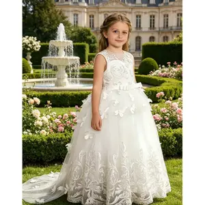 Flower Girl Autumn/Winter Bow Sleeveless Dress with Lace Embroidery, Wedding Gown, First Communion Puff Sleeve Performance Dress