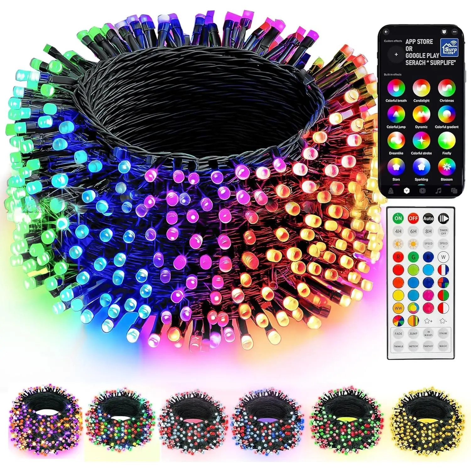 Christmas String Lights, 98FT 300 LED RGB Color Changing String Lights with Remote & App Controlled, Halloween Decorations for Indoor Outdoor Holiday Xmas Tree Party Decor
