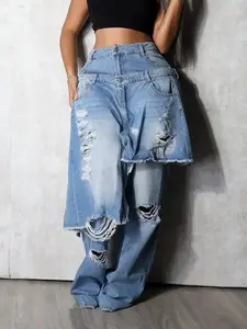 2026 Women's Loose Fit High Street Patchwork Casual Pants, New Fashion Style, Hip-Hop Ripped Design, Long Trousers, Fashion Ripped Straight