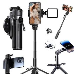 2026 Upgraded 4-in-1 Multifunctional Magnetic & clamping Selfie Stick extend to 20.5 inches, Mini Size & Foldable Storage,360Rotating Angle, Phone Holder Tripod, Rechargable Bluetooth Remote control,  Camera Grip, Vlog Live Photography with most Phones,