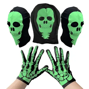 Glow in the Dark 2 Pcs Halloween Skull Skeleton Mask Set with Eye Holes & Skeleton Knit Beanie for Masquerade Cosplay Costume Party