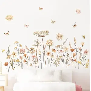 Bohemian Floral Wall Stickers, Peel and Stick Wild Grass Flowers, Art Decals for Living Room Bedroom TV Wall Decor