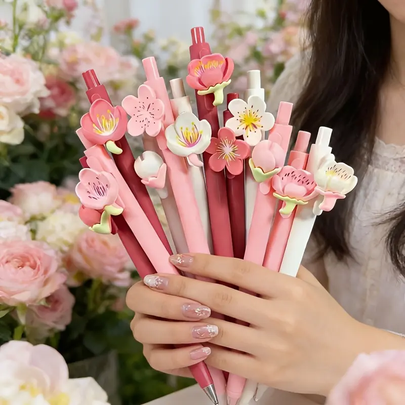 30/50Pcs Flower Theme Retractable Ballpoint Pen Set (15/25 Pens + 15/25 Refills), Black Ink, Smooth Writing, School Office Ballpoint Pen Gifts Stationery