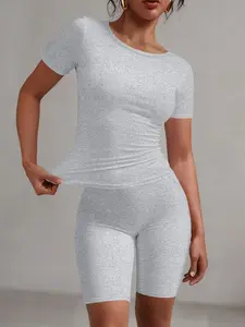 Women's Solid Color Crop Top & Shorts Set, Casual Comfy Round Neck Short Sleeve Tee & Skinny Shorts, Ladies Clothes for Daily Wear, 2 Pieces Women Suits