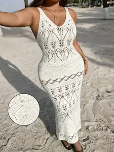 Plus Size Women's Solid Color Dress Summer Hollow Knit New Arrival, Comfortable and Fashionable Daily Wear, Beach Cover-Up for Trendy Ladies, Beach Cover Ups