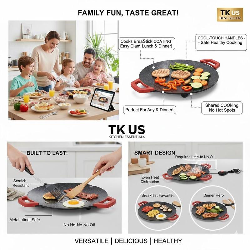 1000W Indoor BBQ Electric Grill Pan – Korean BBQ Grill Plate, Smokeless Non-Stick Surface, Adjustable Thermostat, Big 15.7″ for Home & Party Cooking