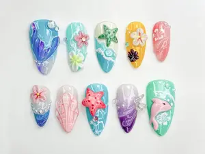 Tropical Starfish Press On Nails | Summer Ocean Beach Nail Set | 3D Starfish & Hibiscus Nail Art | Vibrant Mermaidcore Press Ons | JB794HC