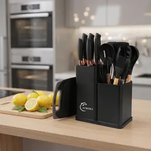 XBJ Holiday Cooking Gift! Say goodbye to dull knives and upgrade your kitchen this Valentine's Day! This 19-piece silicone kitchenware set, featuring wooden-handled non-stick cookware and a storage rack, is the perfect gift for any home cook. Utensils