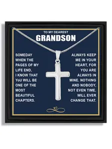 Gift Boxed silver cross snake chain necklace for birthday occasion classic style Inspirational Jewelry gift for grandson with blessing card and box