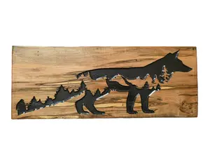 Ambroshia Maple Carved Sign of Wolf - Handcrafted Wood Art with Forest Scene for Home Decor 20.25" x 8"