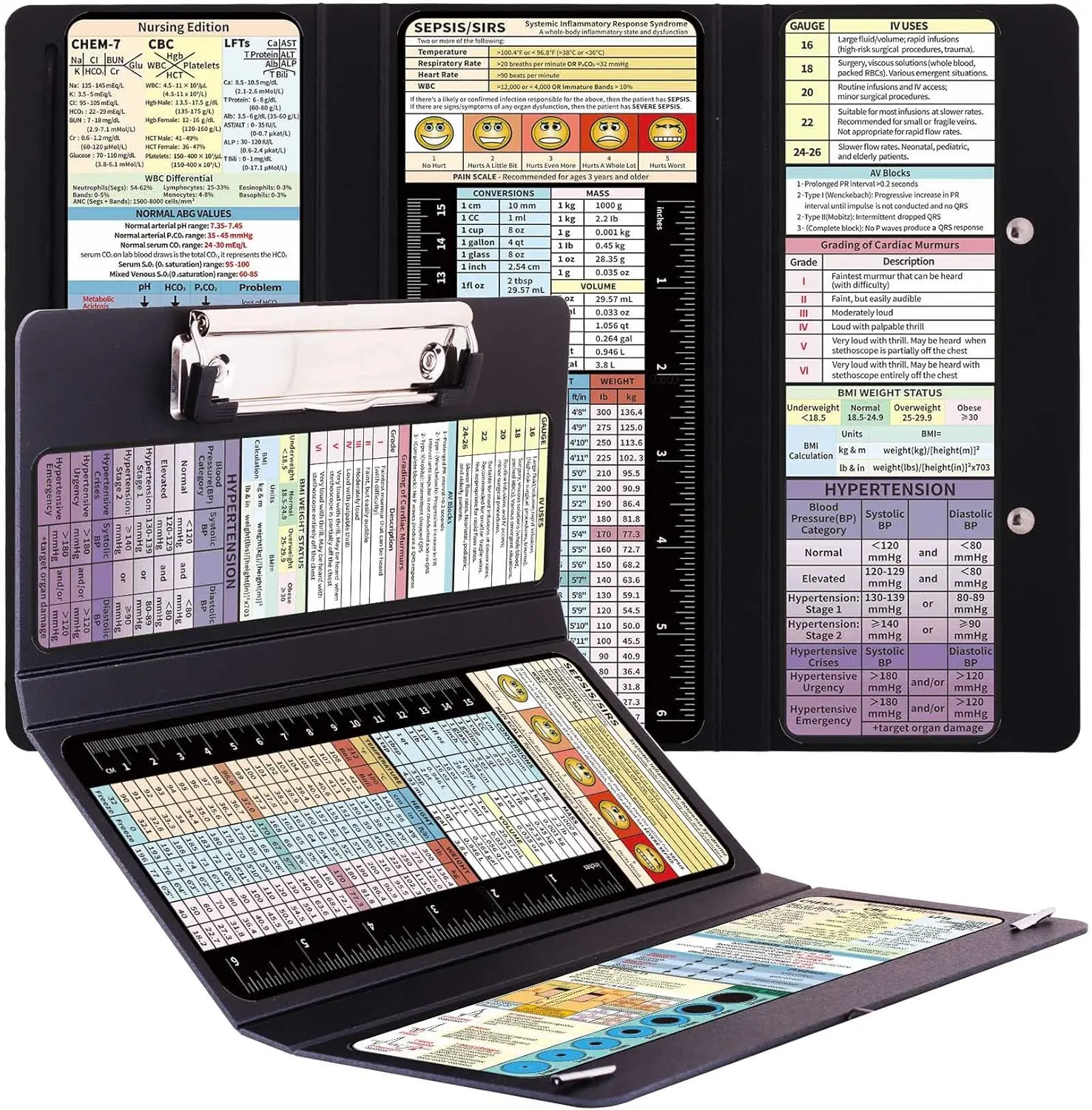 2-Pack Folding Clipboard Holder, 3-Layer Black Plastic Office Filing Accessory with Nurse Work Cheat Sheets