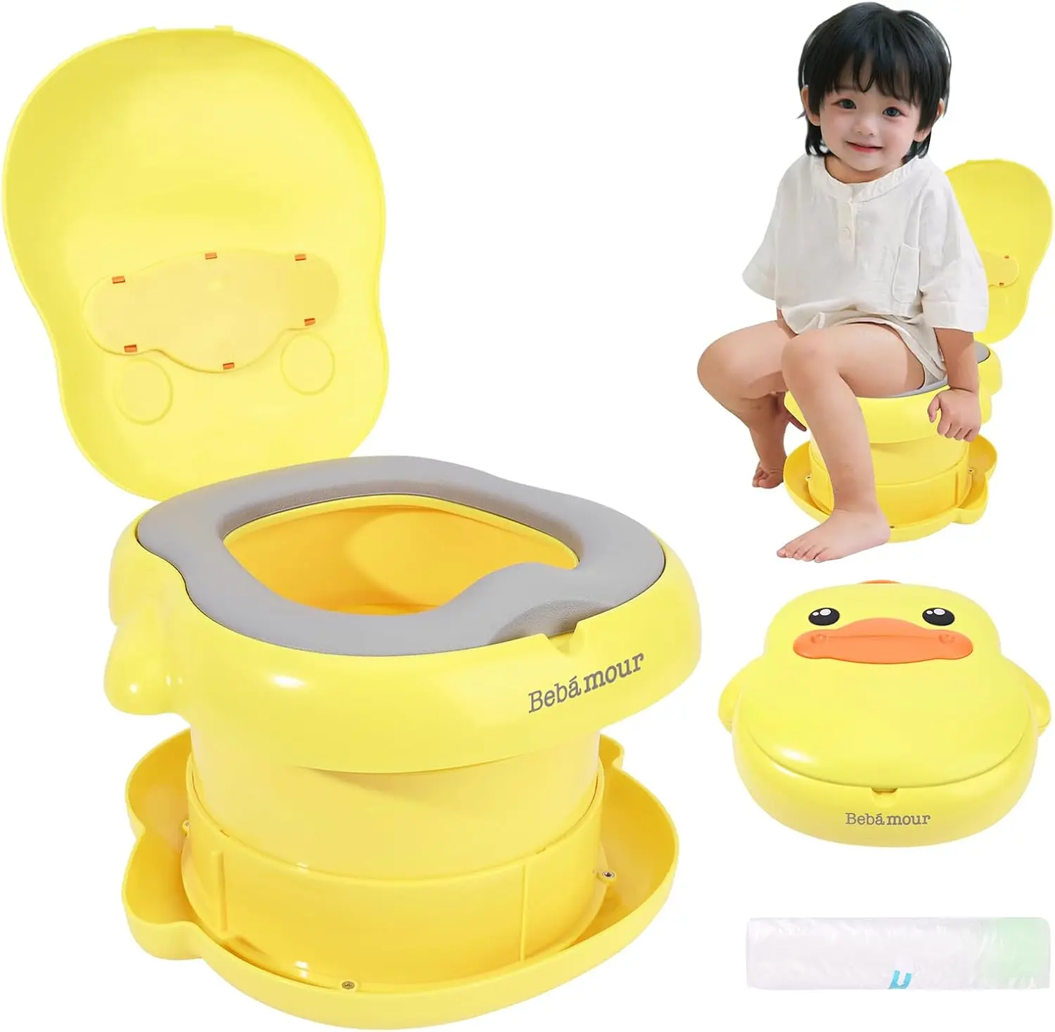 BEBAMOUR Portable Kids' Potty Seat, Potty Trainer Toddler Chair with Anti-Slip Base, Curved Shape, Storage Slots, Storage Bag, Easy-to-Clean for Indoor & Outdoor Use (Yellow)