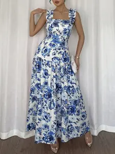 Blush Floral Print Square Neck Ruffled Dress Long Sleeveless Design Perfect for Holiday Summer Flowy