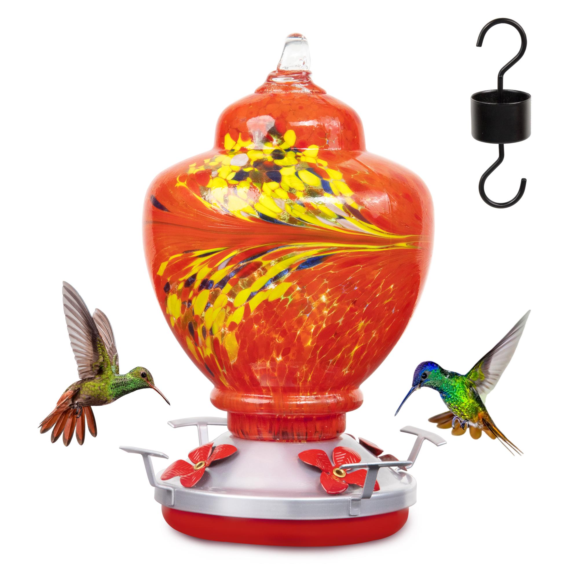 ennvaofficial outdoor garden large hummingbird feeder, 32-ounce colorful hand-blown glass hummingbird feeder, equipped with an anti-ant guard, hanging hook, rope, brush, and service card (red)