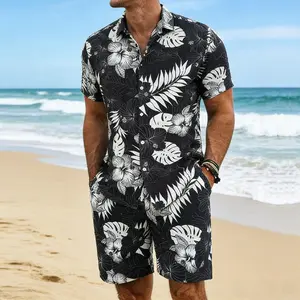 Men’s Summer Vacation Floral Print Two-Piece Set – Short-Sleeve Shirt + Shorts, Beach Casual Wear, Polyester, Flower, Spandex, Smooth summervibes