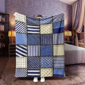Blue Denim Patchwork Vintage Print Blanket, Soft Flannel Warm Bedding, Ideal Gift for Bedroom Decor