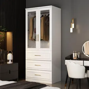 FUFU&GAGA Wardrobe Closet with 2 Glass Doors & 3 Drawers, Armoire Wardrobe Closet with Hanging Rod, Gold Metal Handles, Bedroom Armoire Closet