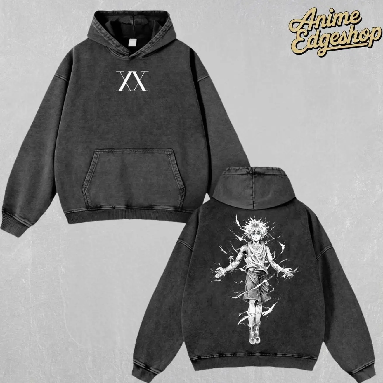 Retro Heavy Limited "Killua Zoldyck" Hunter x Hunter Anime Double Printed Vintage Oversized Washed Hoodie Unisex Graphics Tee Anime Manga Washed Heavyweight Cotton, Gift For Anime Fan, Halloween gift 424