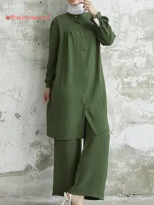 Arabian Style Two-Piece Set for Muslim Women, Long Sleeve Shirt & Pants, Plus Size, Perfect for Spring & Fall Seasons, Abaya Set