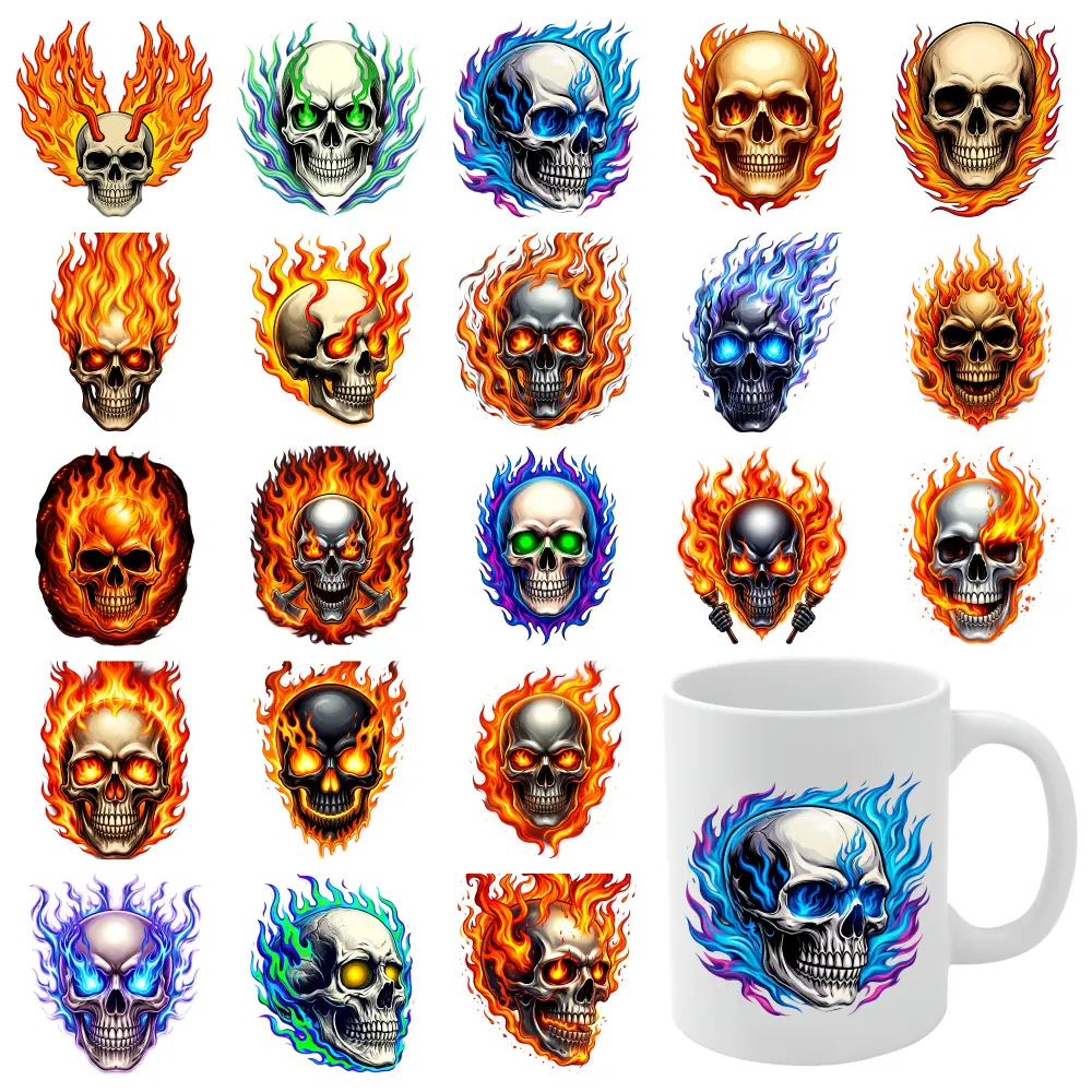 21 Pcs Flame Skull UV DTF Stickers Cups Decoration Suitable for 16 oz Glass Waterproof Decals UV DTF Stickers Transfer Sticker Decal