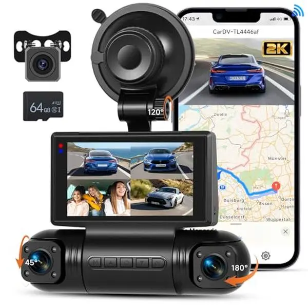podofo 4-Channel Car DVR Camera, 3-Inch 2K HD Driving Recorder, 360° Interior Dashcam with Front & Rear & Inside Coverage, WiFi & App, Night Vision, Parking Mode, G-Sensor, 8 Display Modes, 64GB Card Included, Car Accessories