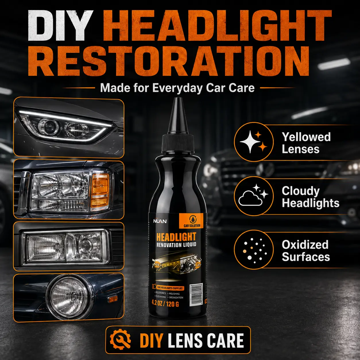NUAN DIY Headlight Cleaner Kit, No-Drill Polishing Paste with Pad for Cloudy Yellow & Oxidized Headlight Lenses