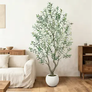 with Round White Pot Realistic Artificial Olive Tree with Thick Trunk & Lifelike Fruit – 5/6/7/8FT, Perfect for Home & Office Décor with Round White Pot