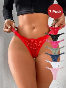 New Embroidered Seamless Breathable Bikini Panties, Fashion Low Waist Slim Fit Lace Thongs Knitted Stretch Underwear for Women Lingerie, All-Seasons 7-Pack Ladies Underwear