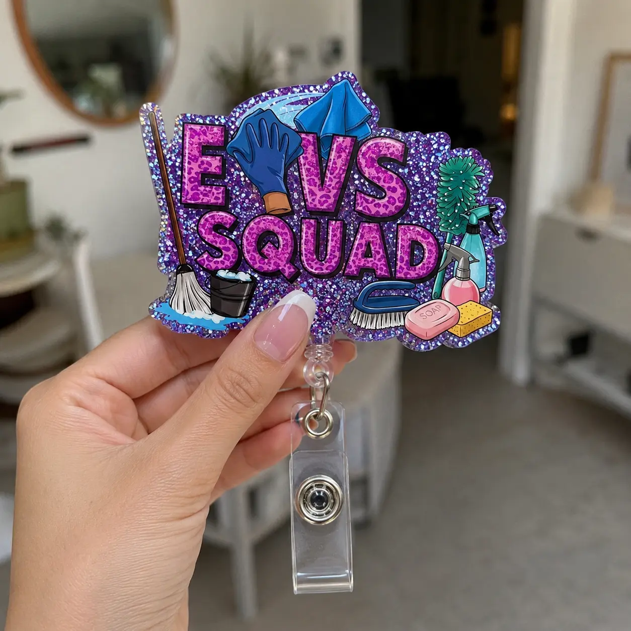 EVS Squad Badge Reel, Holographic Glitter Acrylic Retractable ID Badge Holder, Hospital Housekeeping and Environmental Services Clip