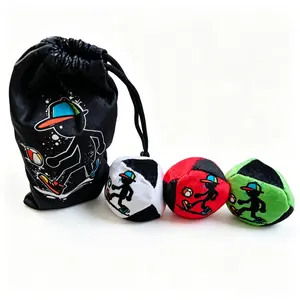 Soft Plush Hacky Sack Footbag Set of 3, Cool Street Skater Silhouette Print Kick Bean Bags with Storage Drawstring Pouch, Portable Outdoor Juggling Toy for Teens Kids Backyard Campus Street Sports Game