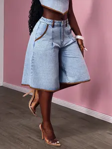 New Denim Jean Mid-Thigh Pants Loose Casual Everyday Spring Summer Wear, Elastic Comfort Trendy Fashion Washed Craft Women's Mid-Thigh Pants