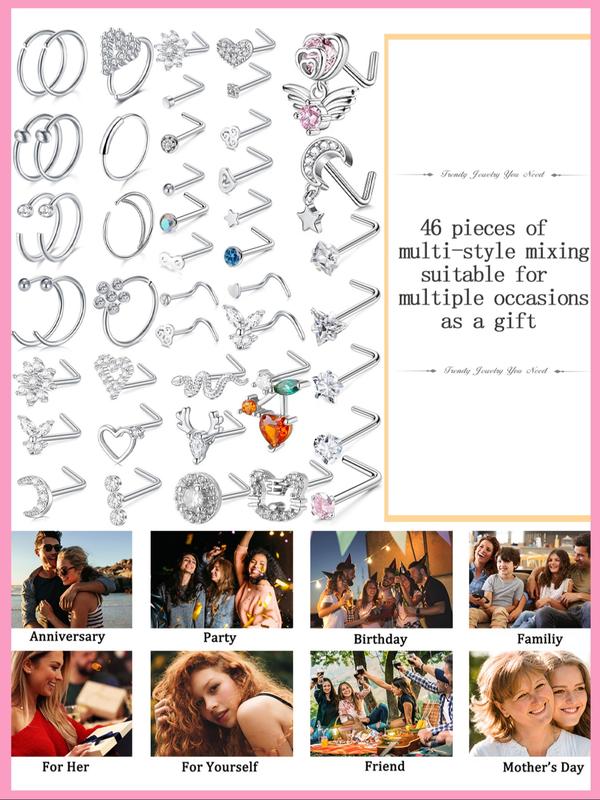 Women's 20g Nose Ring Stud Earrings, Surgical Steel Nose Stud with Shiny Cz Flower Design, Heart Butterfly Floral Patterns, Nose Piercing Jewelry