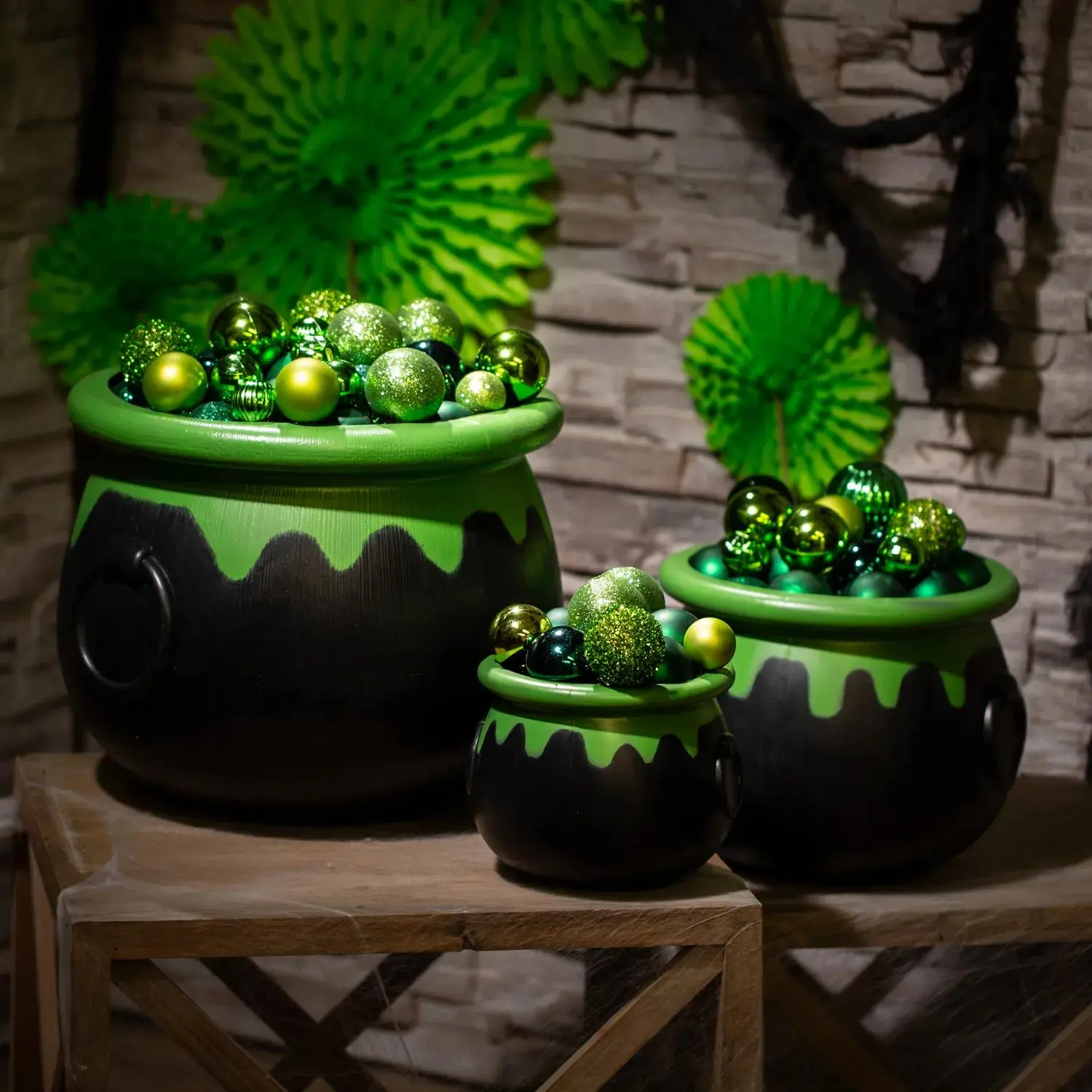 8" – 15" Black Plastic Cauldrons with Green Ooze Rim - 3 Pc.