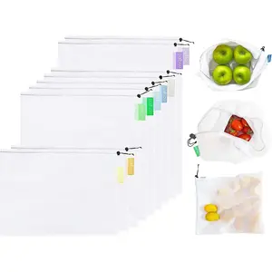 Set of 9 Reusable Produce Bags, Heavy Duty Washable Mesh Grocery Bag with Drawstring, Ideal for Farmers Market, Beach, and Refrigerator Storage (Extra Large, Large, Small) purifyou