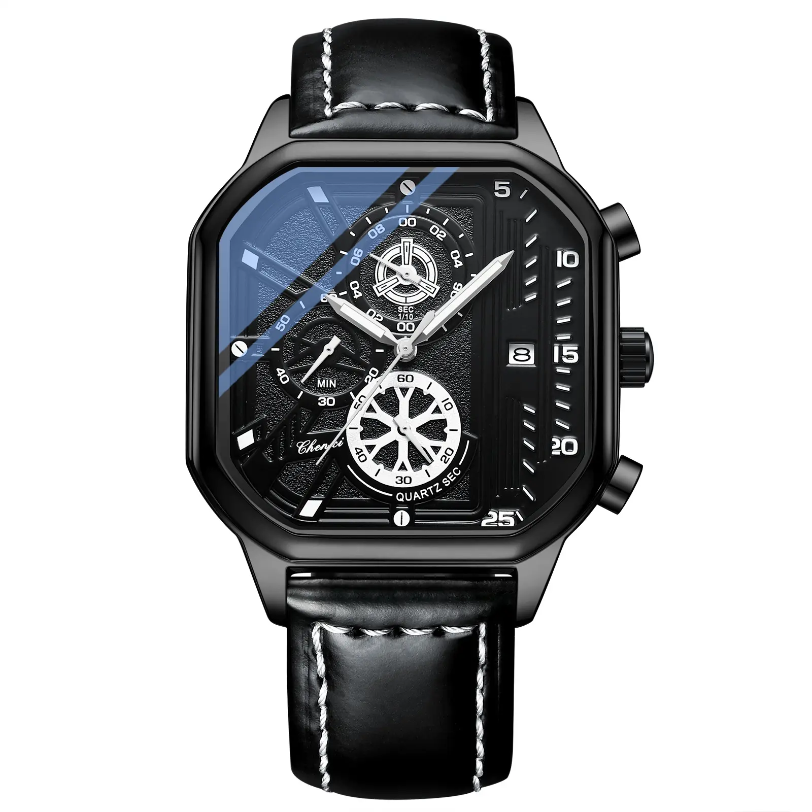 OIDEA Men's Rectangular Multifunction Watches, Modern Glow-in-the-Dark Wristwatch with Adjustable Band, 3ATM Water Resistant, Glow-In-The-Dark Quartz Watches, Black Quartz Watches