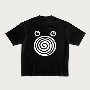 Men's Oversize Relaxed Fit Short-Sleeve Round Neck Breathable Cotton Stretch Fabric Menswear T-Shirt - Spiral Eyes Cute Minimalist Cartoon Graphic Print, Casual Style