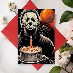 1 Horror-Themed Birthday Card: "Happy Birthday" – Iconic Slasher Character Design, Spooky Fun Vibe, Bold Dark Art & Drippy Cake Detail. Premium Paper, Perfect for Horror Fans. Edgy, Memorable Style to Shock & Delight Their B-Day! Fun Party Cards