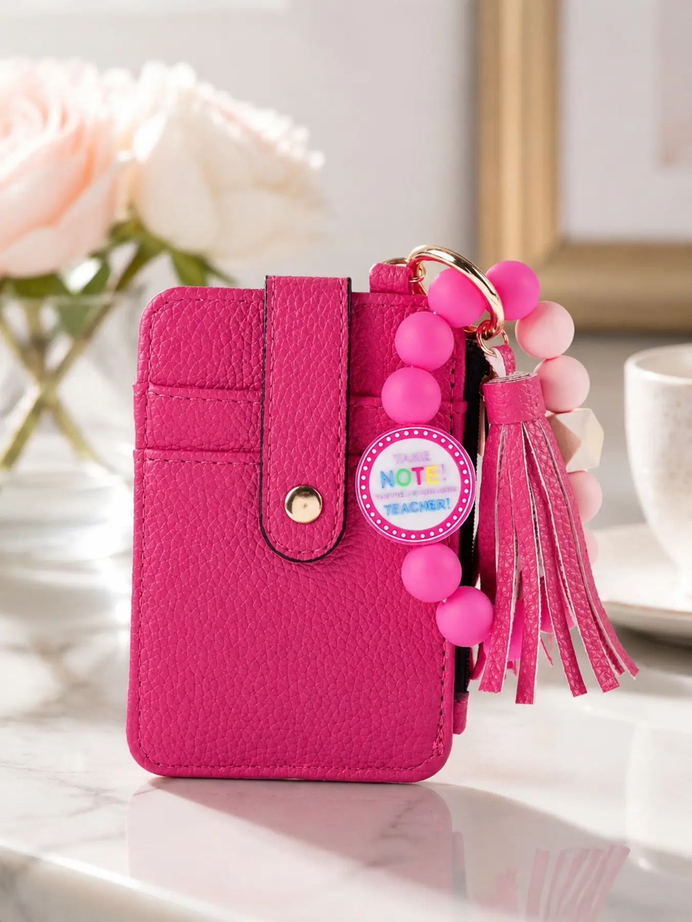 Graduation Teacher Appreciation Gift Wristlet Aesthetic Keychain, Silicone Beaded Card Holder, PU Leather Mini ID Case with Inspirational Quote Charm, Keychain For Bags
