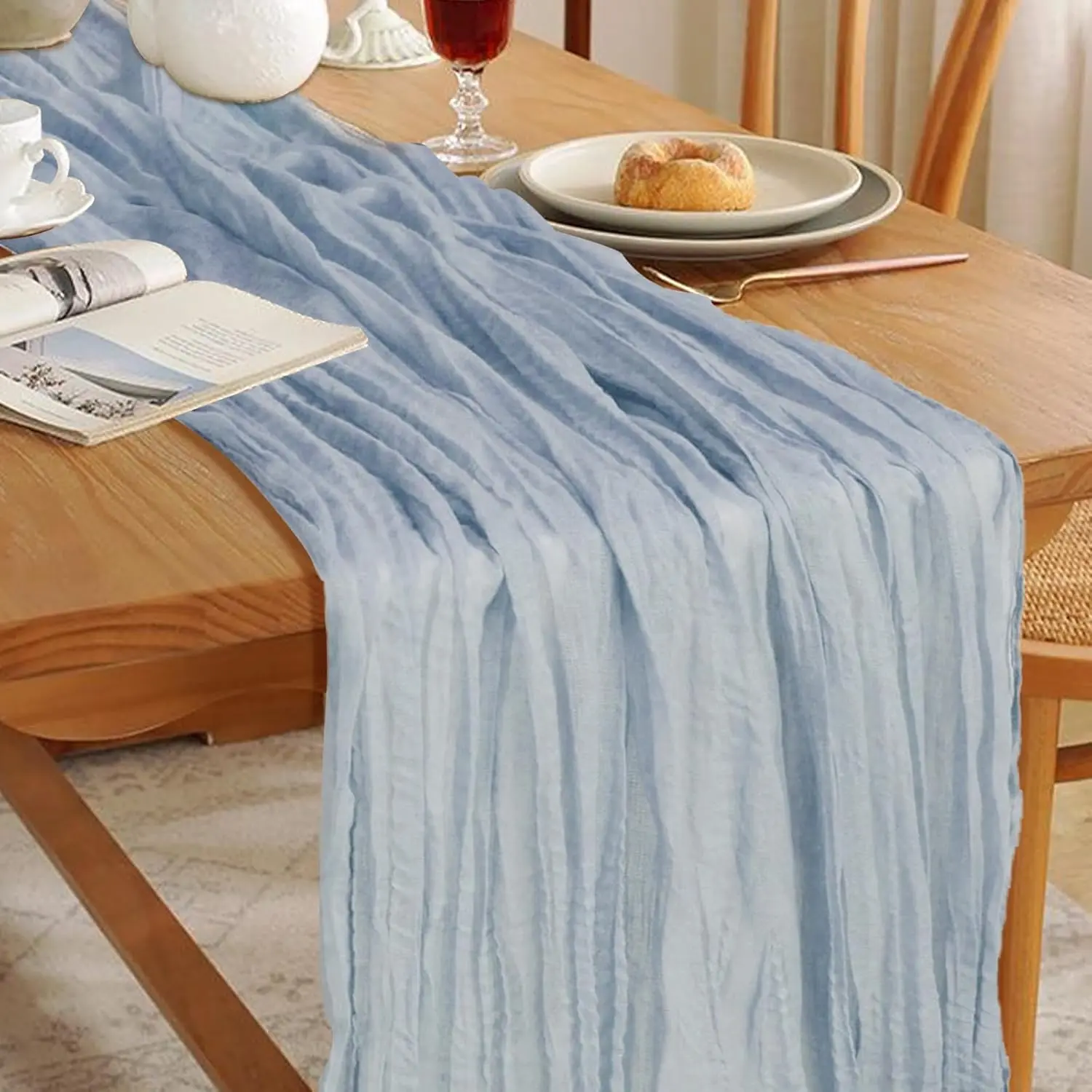 10Ft Cheesecloth Tab Runner, Rustic Boho Gauze Cheese Cloth Runner Tab Runner for Weddings Bridal  Shower Birthday Holiday Parties Home Decor, Dusty Blue