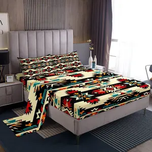 Black Southwestern Bed Sheets Set Geometric Sheet Set Tribal Native American Indian Design Vinatge Sheets with Deep Pocket Fitted Sheet Decor Exotic Style Stripe Line Bedding Set