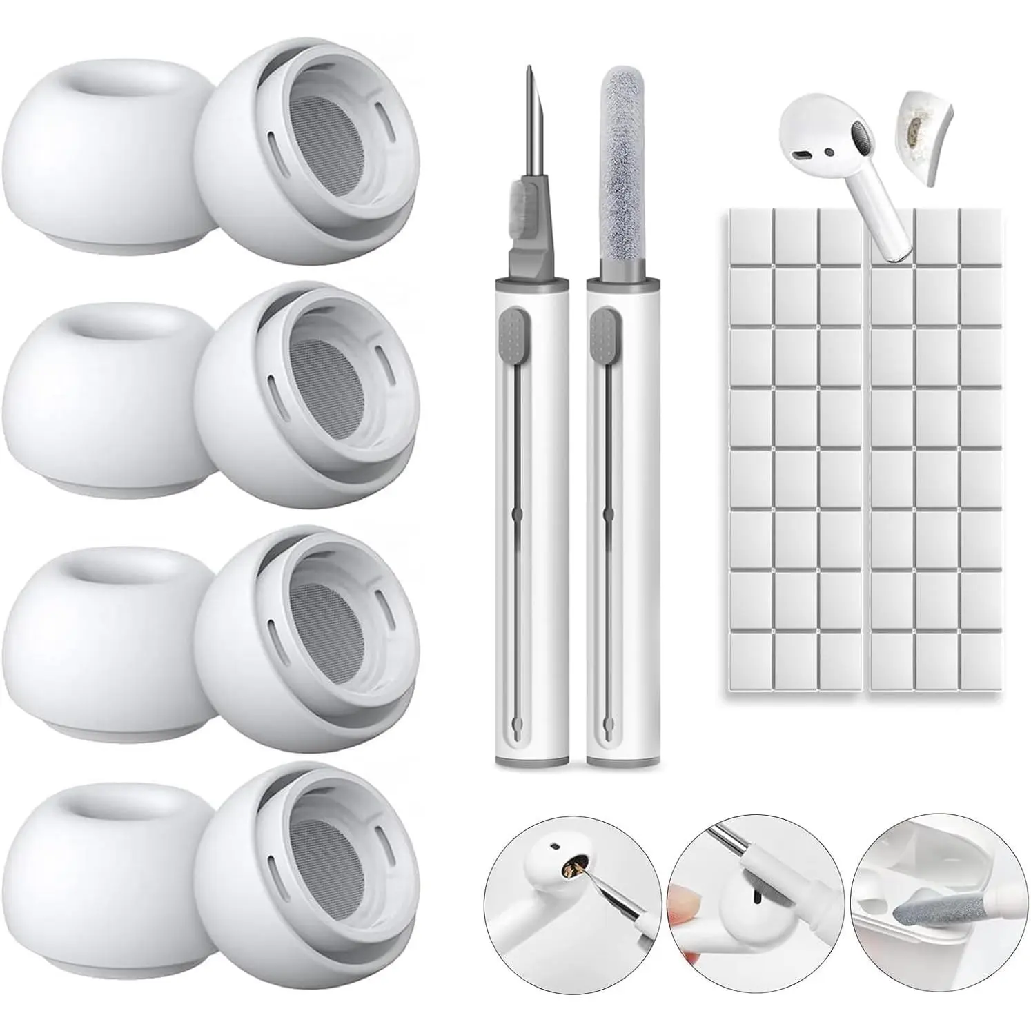 Silicon Replacement In-Ear Earbuds Tips for AirPods Pro-AirPods Pro 2 with Noise Reduction Hole, 4 Pairs (M) Headphone Accessories, Includes Cleaner Kit, Cleaning Clay, Portable Storage Box