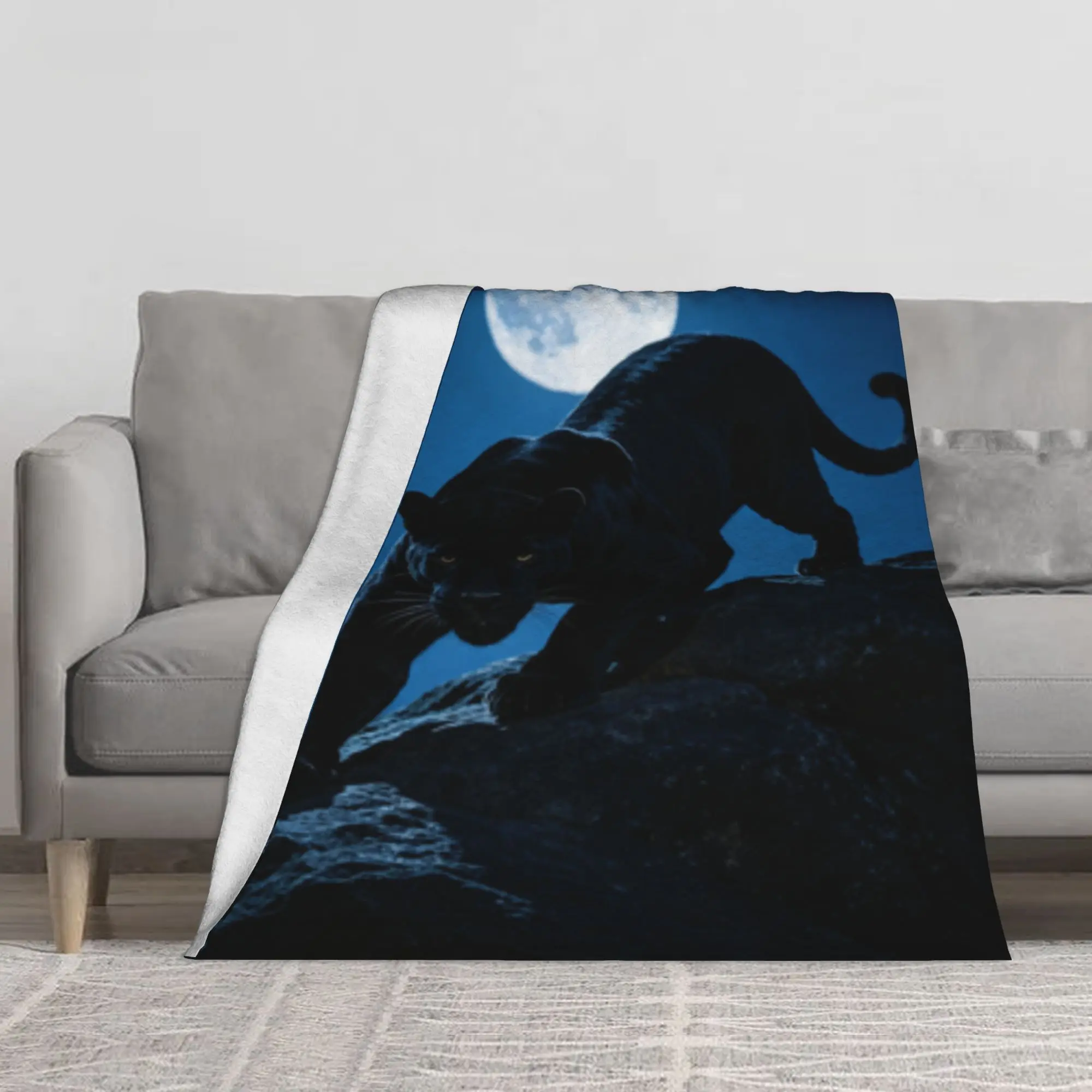 Midnight Full Moon Black Panther On Rocky Cliff Flannel Throw Blanket, Large Soft Lightweight Warm Decor Blanket, Multi-Purpose Sofa Cover, Wall & Front Door Hanging Tapestry, Mystic Wild Nature Aesthetic Gift for Family and Friends