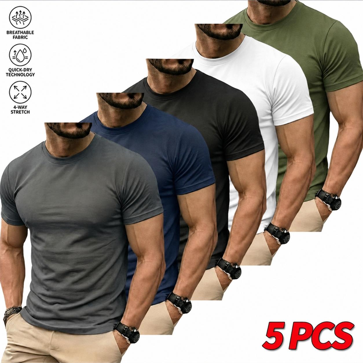 Men's Plain Polyester Slim-Fit Short-Sleeve Crewneck Multi-Pack T-Shirts, Lightweight Quick-Dry Everyday Top for Casual & Athletic Wear,clothes for back to school,first day of school outfits