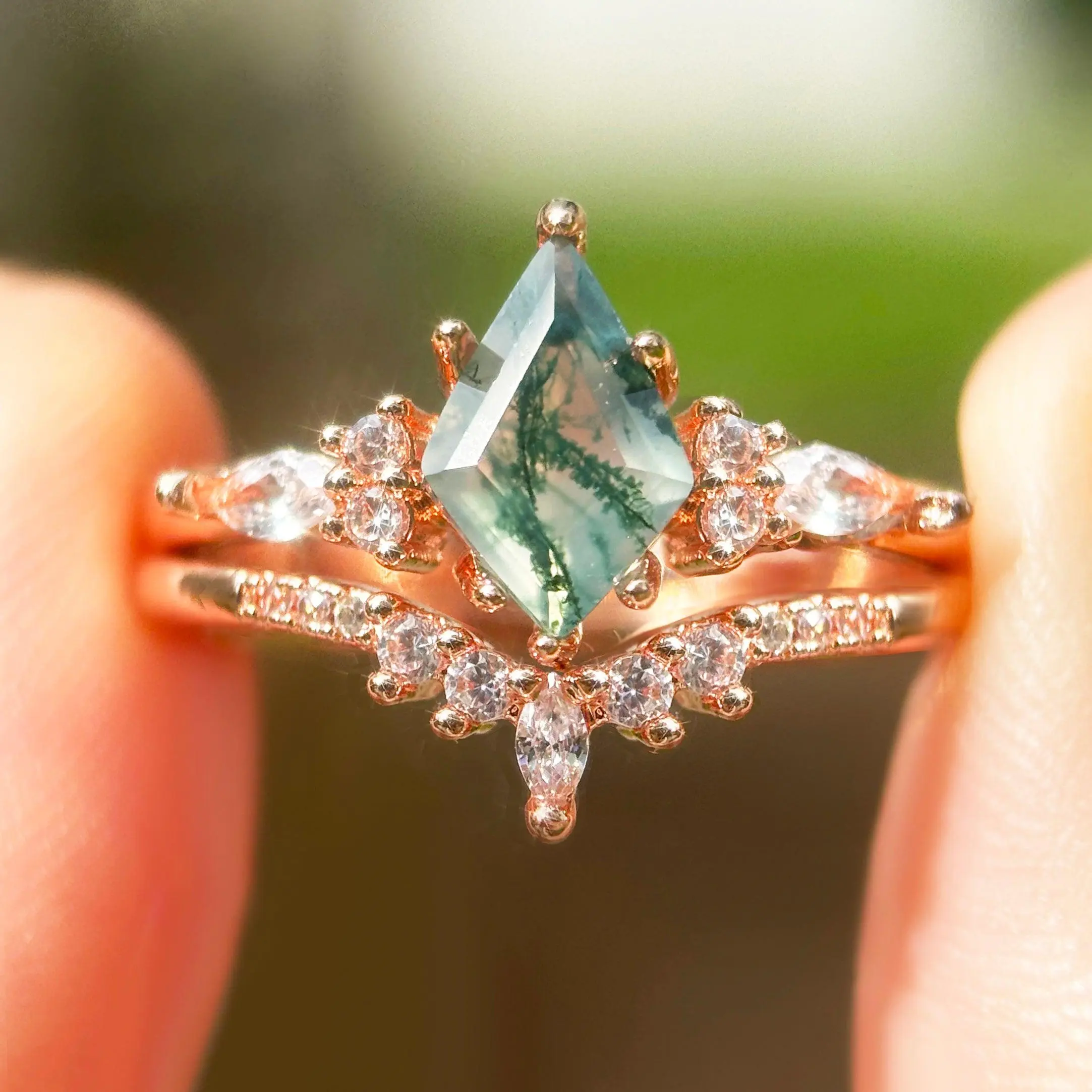 Moss Agate Fairy Engagement Ring Set Emerald Cut Ring Elegant rings For Women Promise Rings Wedding Ring Sets