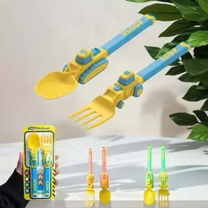 Toddler Construction-Theme Cartoon Print Vehicle-Shape Fork and Spoon Set, Food-Safe Easy-Grip Self-Feeding Training Cutlery for Baby-Led Weaning, Fruit Pasta Utensils, Toddler Birthday Gift